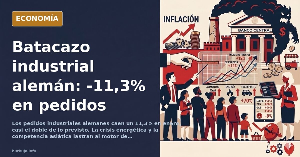 Gráfico de barras descendente que ilustra la caída del 11,3% en los pedidos industriales de Alemania en enero