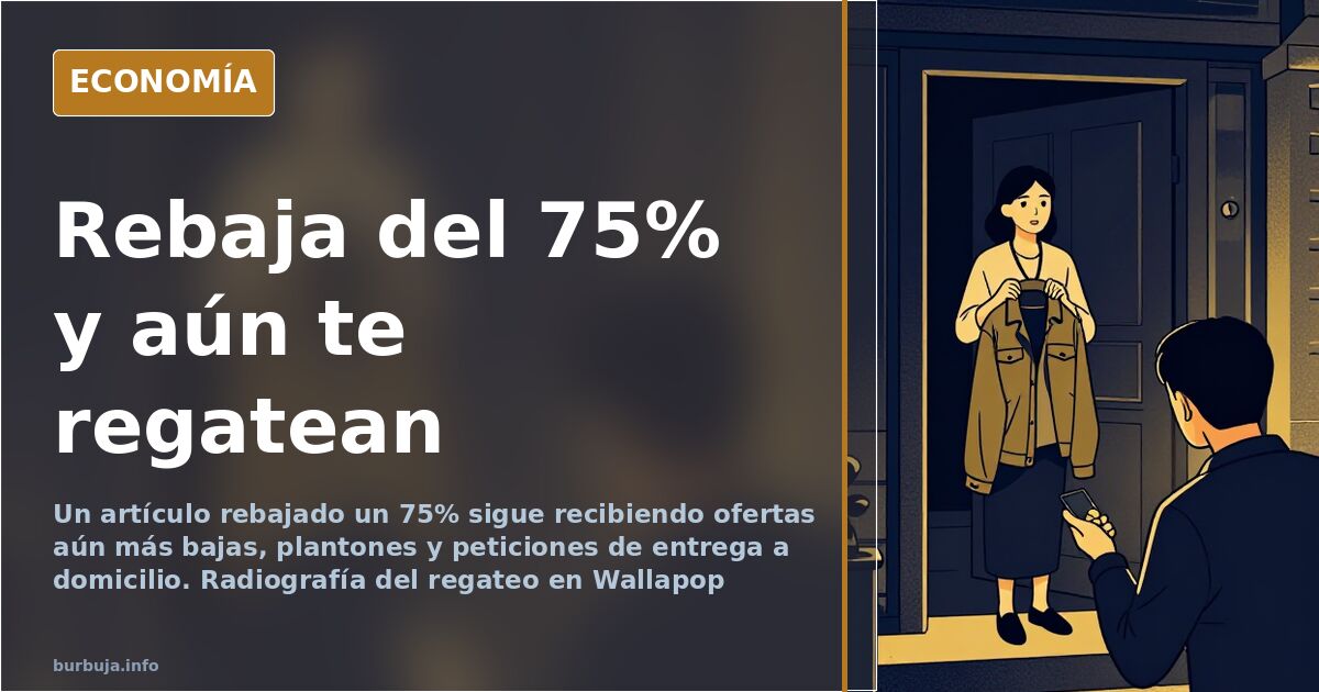 Escena ilustrada del regateo en la venta de segunda mano: un móvil con ofertas muy por debajo del precio y un paquete que nad