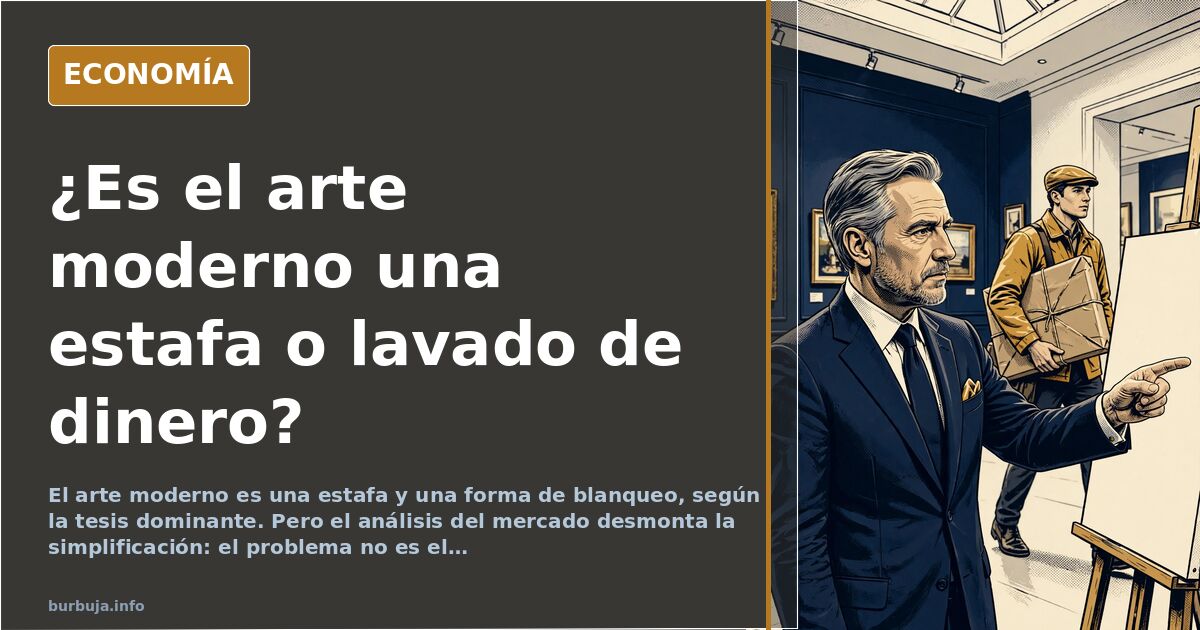 Ilustración editorial de un cuadro abstracto colgado en una galería vacía con una etiqueta de precio desorbitado