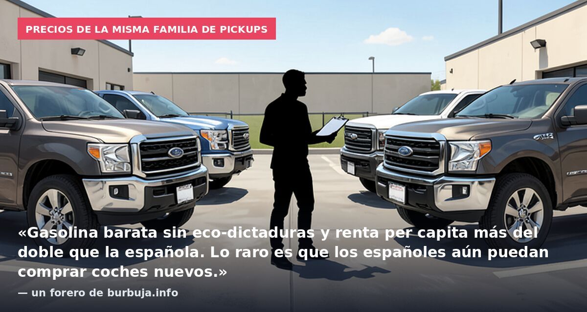 Precios de la misma familia de pickups: «Gasolina barata sin eco-dictaduras y renta per capita más del doble que la española. Lo raro es que los españoles aún puedan comprar coches nuevos.» — un forero de burbuja.info