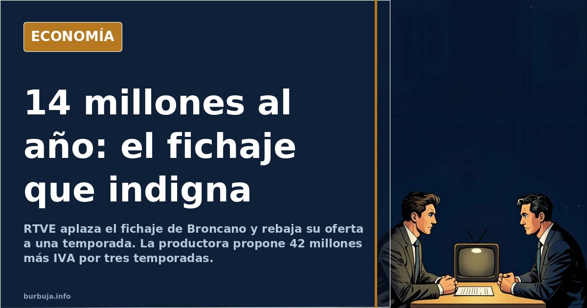 Ilustración editorial de un presentador de televisión frente a un micrófono con la cifra 14 millones de euros en RTVE