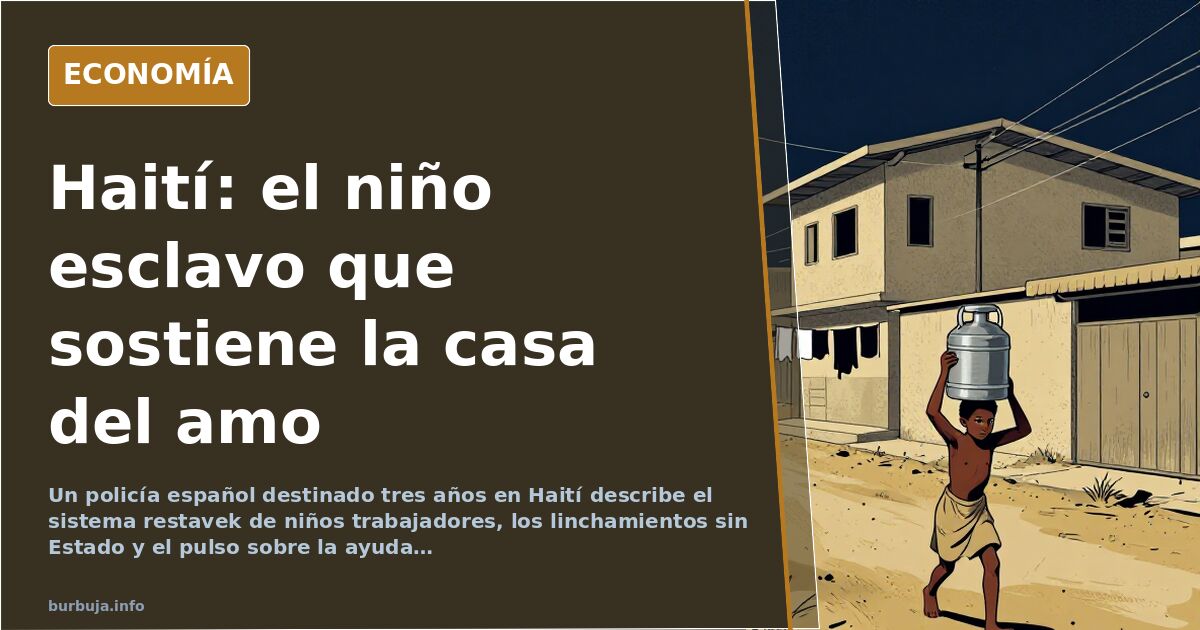 Ilustración editorial sobria en azul marino y dorado sobre el sistema restavek y la crisis institucional en Haití