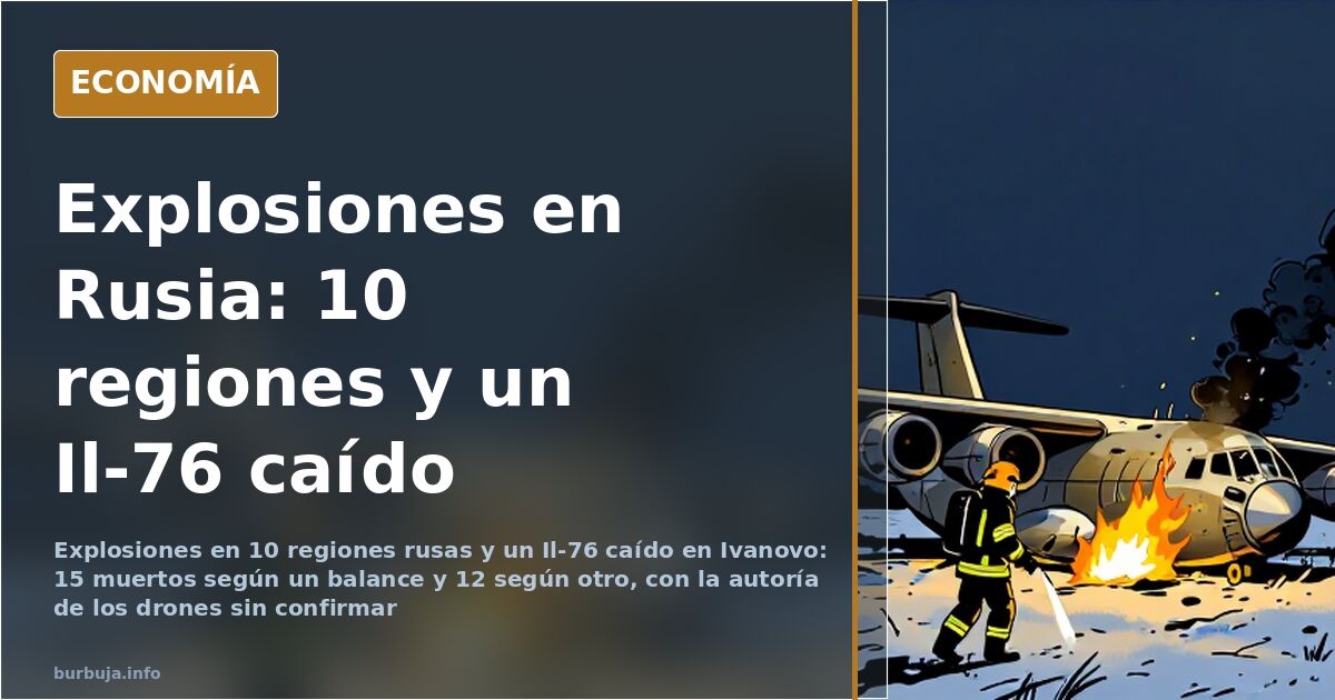 Ilustración editorial: refinerías en llamas y siluetas de drones en un cielo nocturno tras las explosiones en Rusia