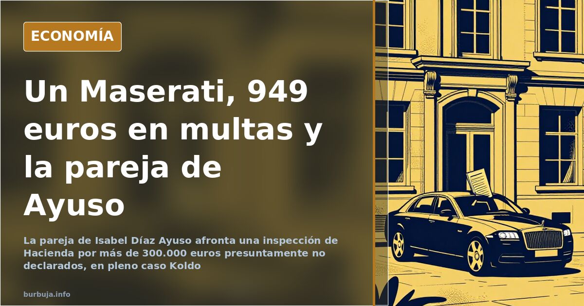 Ilustración editorial de un coche de lujo con multas sin pagar y documentos fiscales de una inspección de Hacienda sobre la m