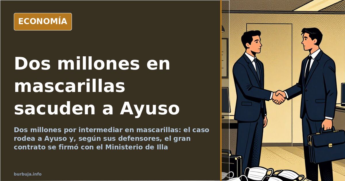 Ilustración editorial sobre las comisiones por mascarillas que rodean a la presidenta de la Comunidad de Madrid, Isabel Díaz 