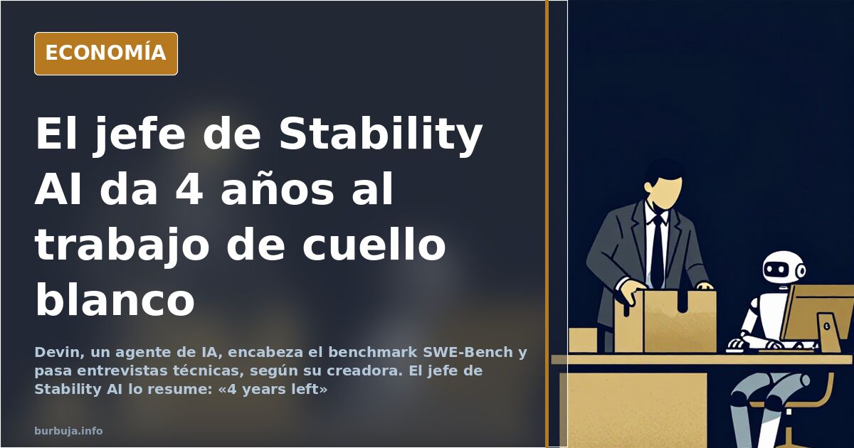 Ilustración editorial de un programador de inteligencia artificial frente a pantallas de código bajo la palabra Devin y un re