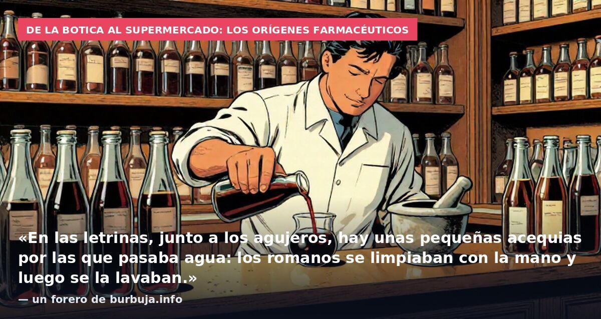 De la botica al supermercado: los orígenes farmacéuticos: «En las letrinas, junto a los agujeros, hay unas pequeñas acequias por las que pasaba agua: los romanos se limpiaban con la mano y luego se la lavaban.» — un forero de burbuja.info