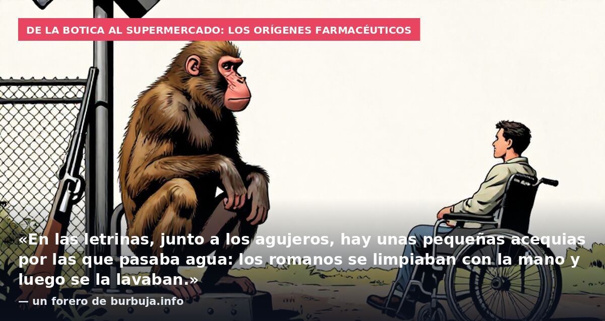 De la botica al supermercado: los orígenes farmacéuticos: «En las letrinas, junto a los agujeros, hay unas pequeñas acequias por las que pasaba agua: los romanos se limpiaban con la mano y luego se la lavaban.» — un forero de burbuja.info