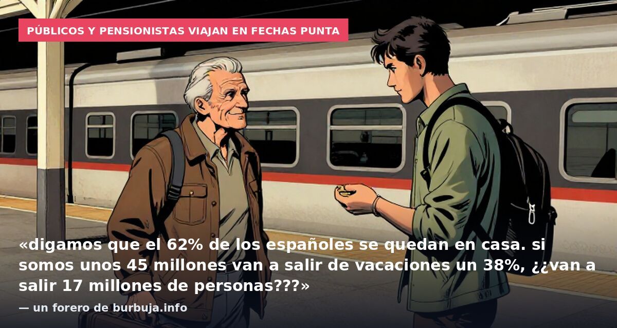 Públicos y pensionistas viajan en fechas punta: «digamos que el 62% de los españoles se quedan en casa. si somos unos 45 millones van a salir de vacaciones un 38%, ¿¿van a salir 17 millones de personas???» — un forero de burbuja.info