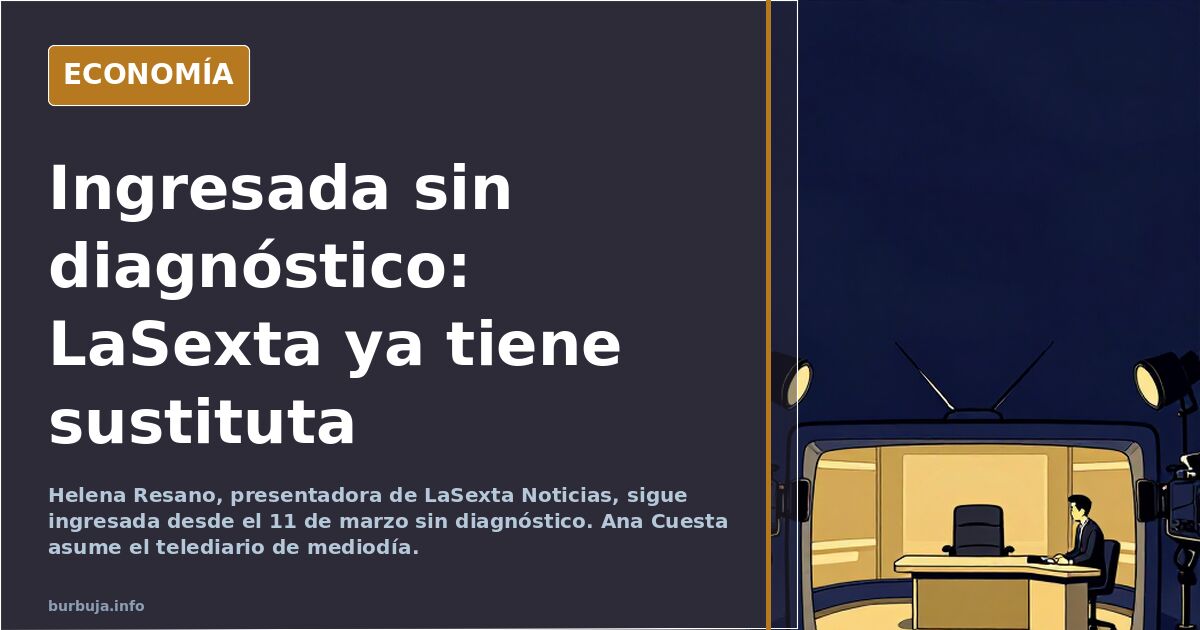 Presentadora de informativos ante un atril de televisión, escena editorial en azul marino y dorado sobre el ingreso de Helena