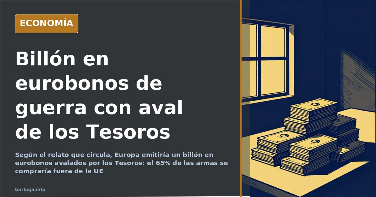 Ilustración editorial de bonos de guerra apilados ante un edificio institucional europeo con la bandera de la UE al fondo