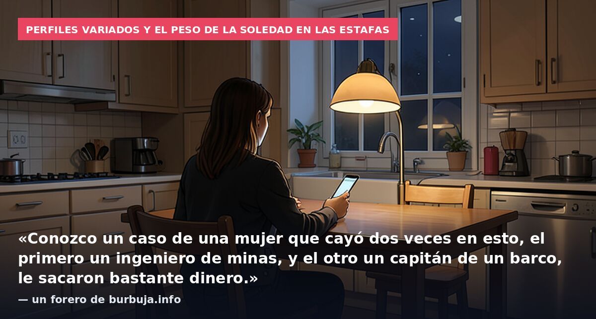 Perfiles variados y el peso de la soledad en las estafas: «Conozco un caso de una mujer que cayó dos veces en esto, el primero un ingeniero de minas, y el otro un capitán de un barco, le sacaron bastante dinero.» — un forero de burbuja.info