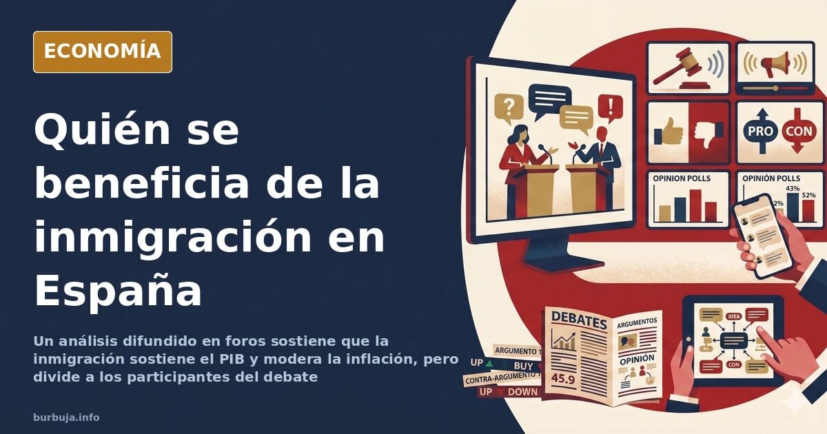 Ilustración editorial sobre el impacto económico de la inmigración en España y el reparto de beneficios