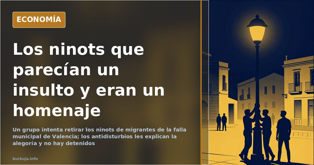 Ninots de cuatro migrantes subidos a la valla de la mascletà en la falla municipal de Valencia