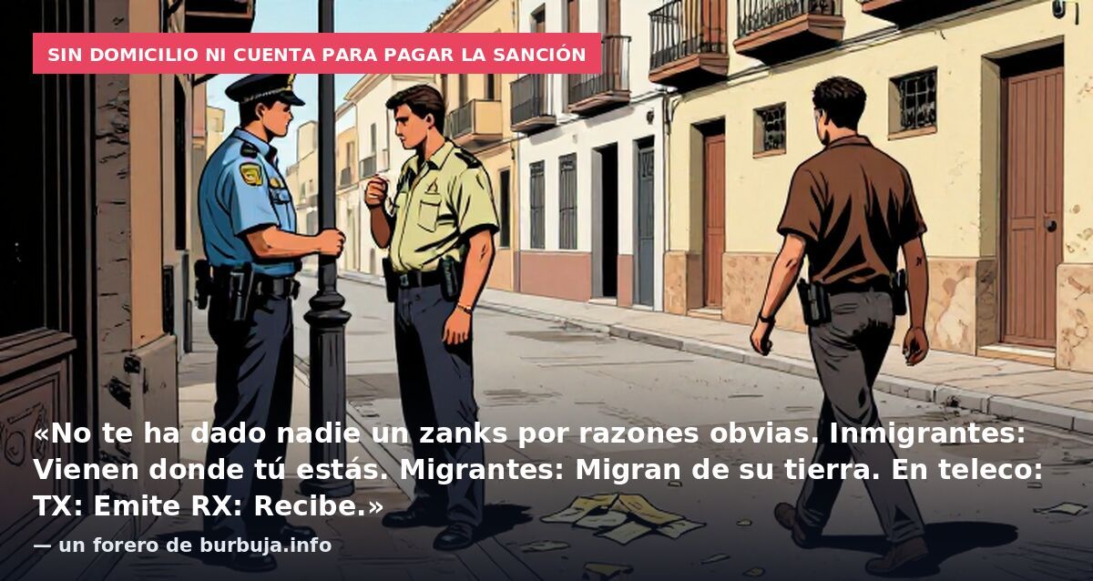 Sin domicilio ni cuenta para pagar la sanción: «No te ha dado nadie un zanks por razones obvias. Inmigrantes: Vienen donde tú estás. Migrantes: Migran de su tierra. En teleco: TX: Emite RX: Recibe.» — un forero de burbuja.info