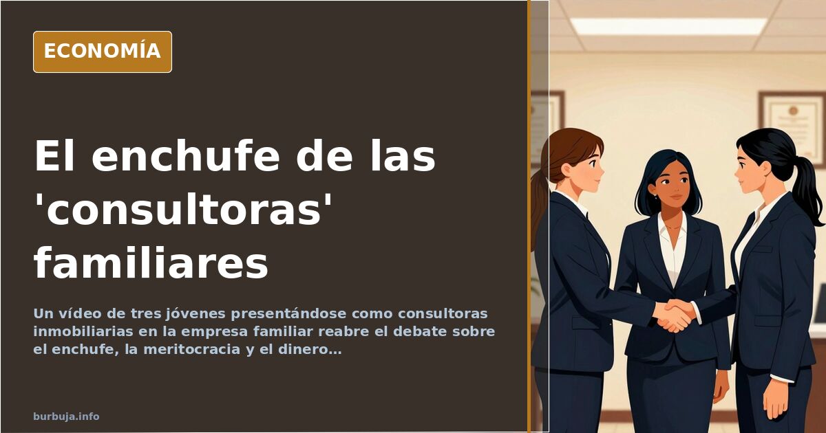 Ilustración editorial de tres jóvenes en una oficina de consultoría inmobiliaria con documentos y un cartel de se vende