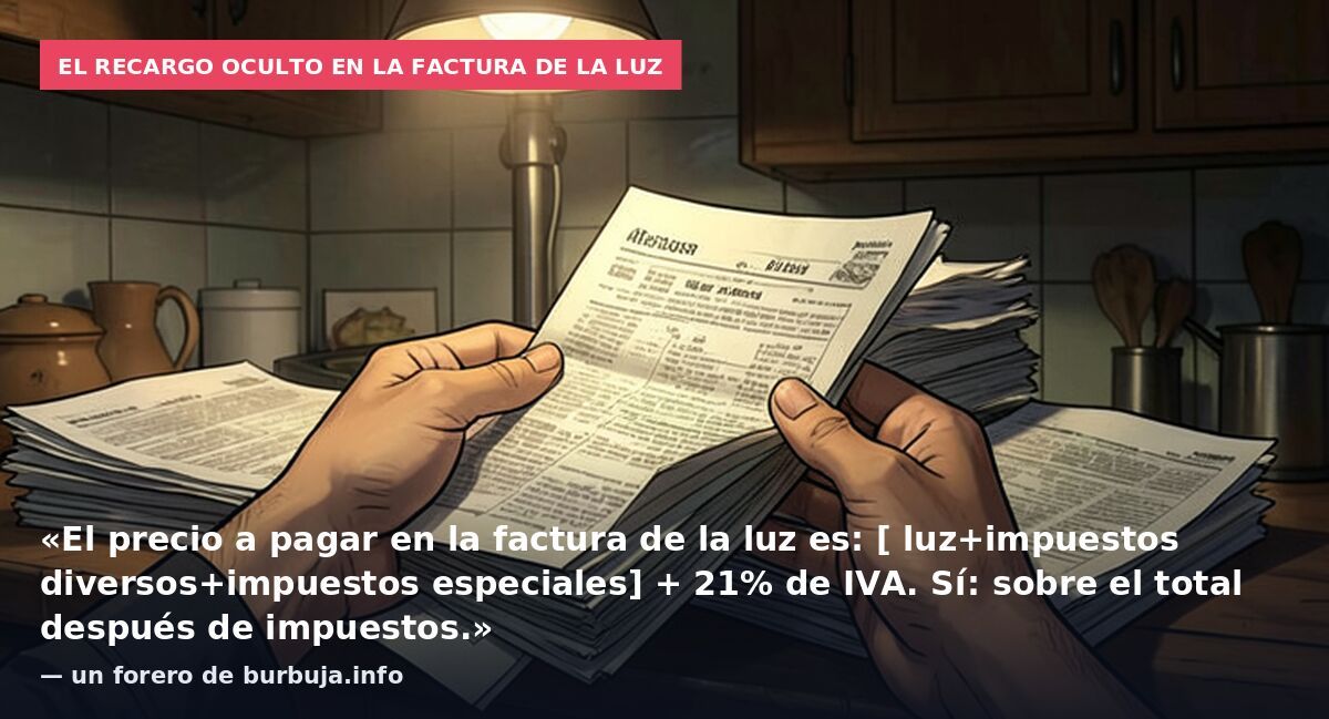 El recargo oculto en la factura de la luz: «El precio a pagar en la factura de la luz es: [ luz+impuestos diversos+impuestos especiales] + 21% de IVA. Sí: sobre el total después de impuestos.» — un forero de burbuja.info