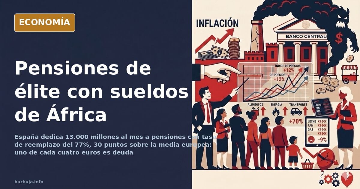 Personas mayores con abrigo esperando junto a una ventanilla oficial, con gráficos de gasto público y pensiones al fondo