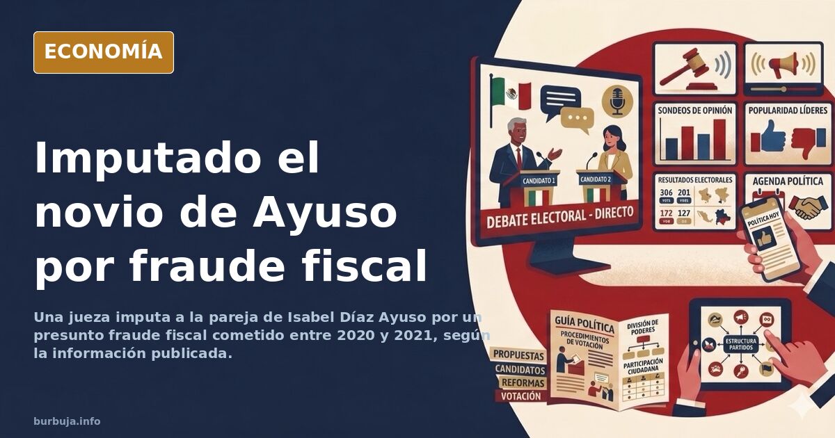 Ilustración editorial de una jueza imputando a la pareja de Isabel Díaz Ayuso por fraude fiscal