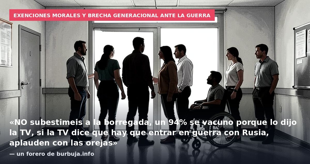Exenciones morales y brecha generacional ante la guerra: «NO subestimeis a la borregada, un 94% se vacuno porque lo dijo la TV, si la TV dice que hay que entrar en guerra con Rusia, aplauden con las orejas» — un forero de burbuja.info