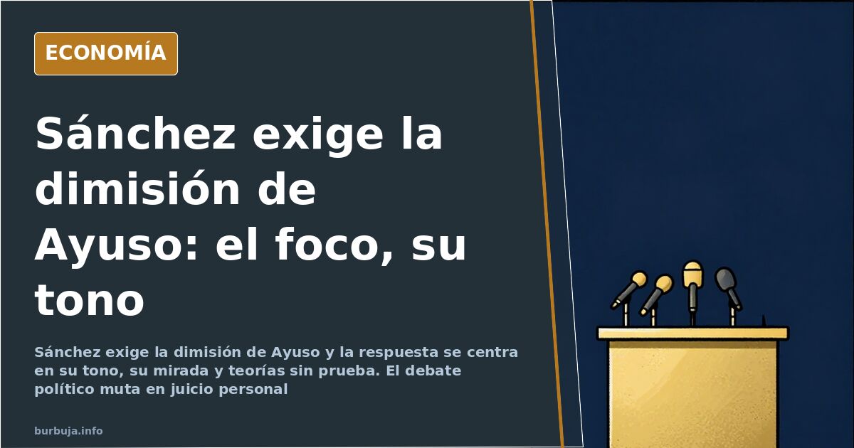 Ilustración editorial de un atril con micrófonos en una sala de prensa, símbolo de la exigencia de dimisión de Ayuso por Sánc