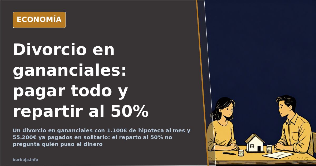 Ilustración editorial de un edificio dividido en dos mitades iguales en azul marino y dorado sobre divorcio y gananciales
