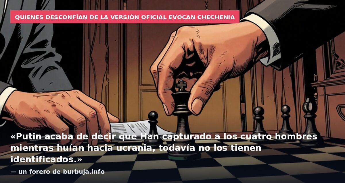 Quienes desconfían de la versión oficial evocan Chechenia: «Putin acaba de decir que Han capturado a los cuatro hombres mientras huían hacia ucrania, todavía no los tienen identificados.» — un forero de burbuja.info