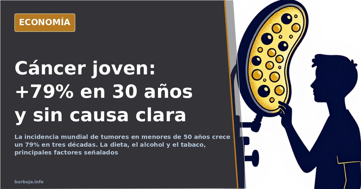Ilustración editorial en azul marino y dorado con una silueta joven bajo una lupa clínica que examina células de cáncer en au