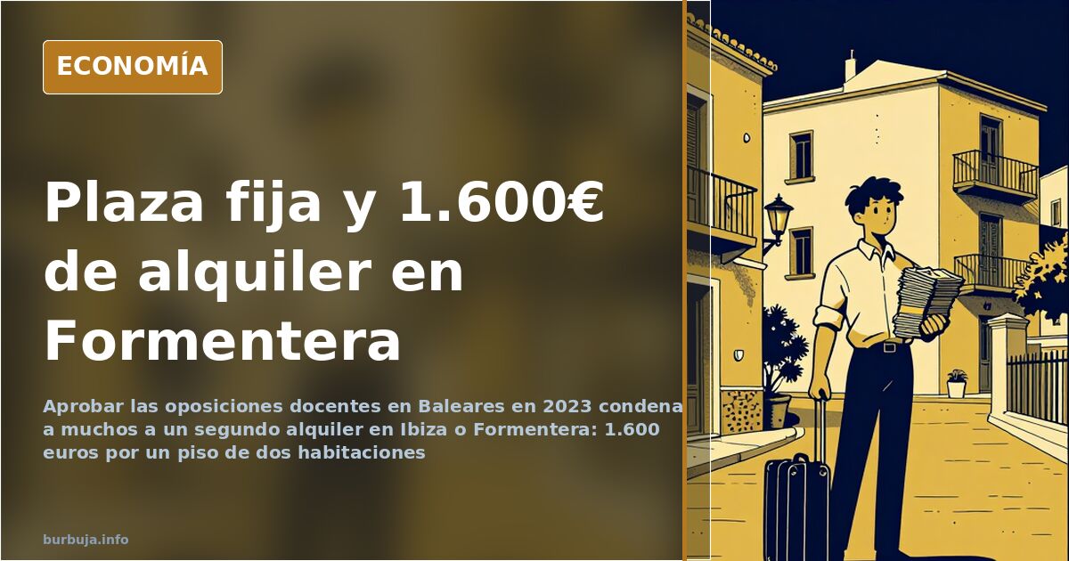 Docente con maletas frente a un edificio escolar en una isla mediterránea junto a carteles de alquiler en la fachada