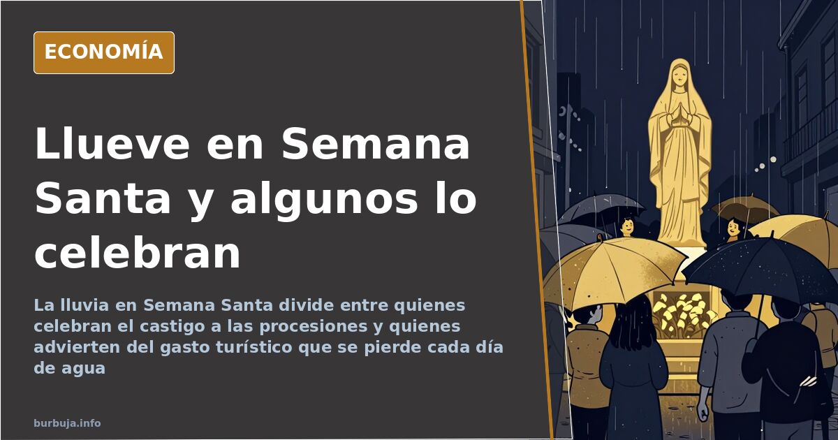 Calle de una ciudad española con una procesión de Semana Santa suspendida bajo la lluvia y público refugiado con paraguas
