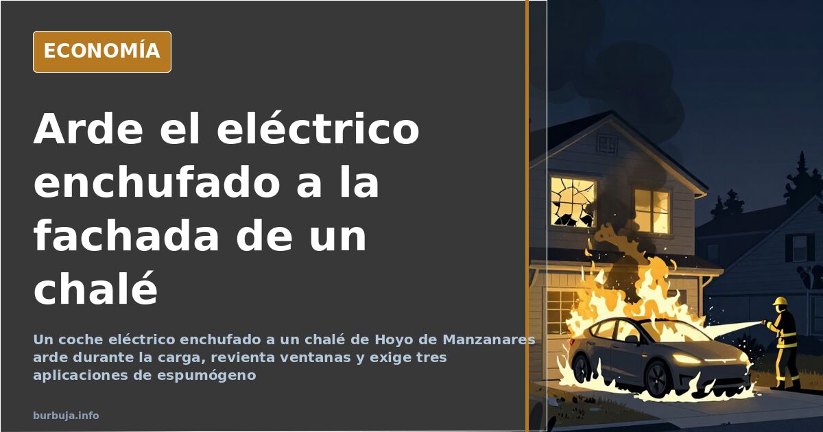 Restos calcinados de un coche eléctrico enchufado junto a la fachada de un chalé en Hoyo de Manzanares