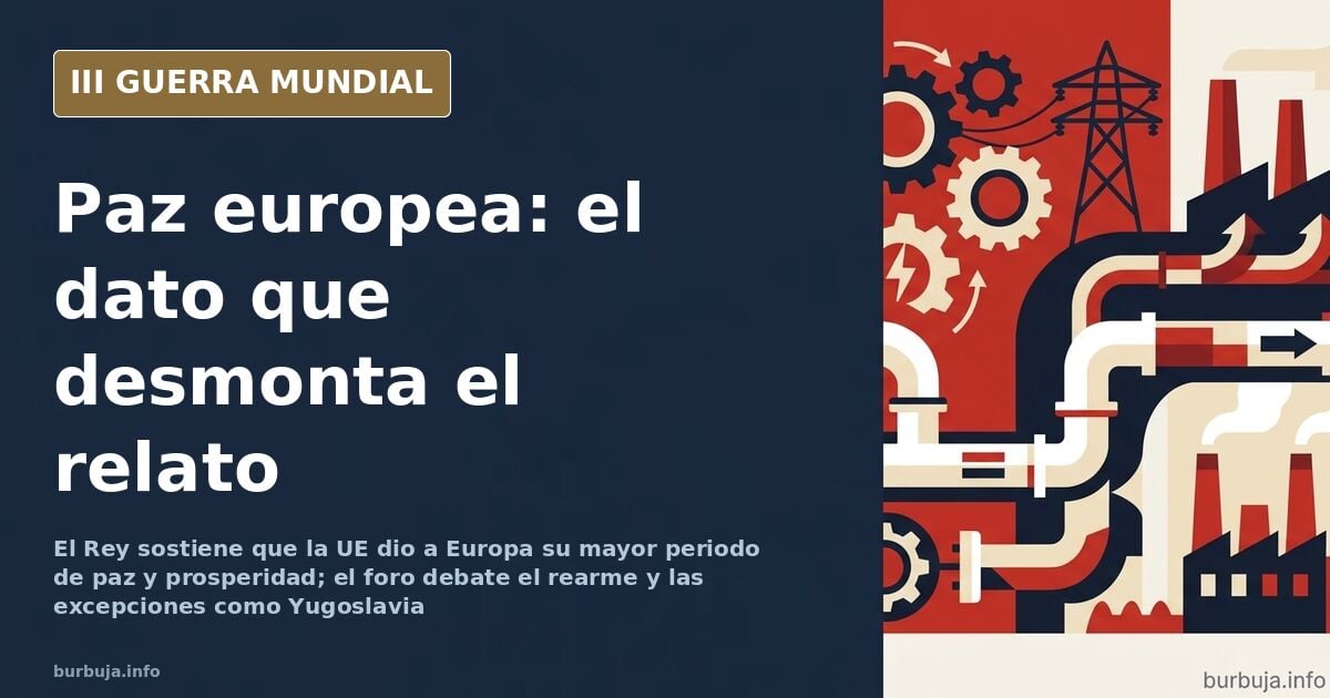 Mapa desaturado de Europa con siluetas de equipamiento militar y humo lejano en el horizonte simbolizando el fin de la paz eu