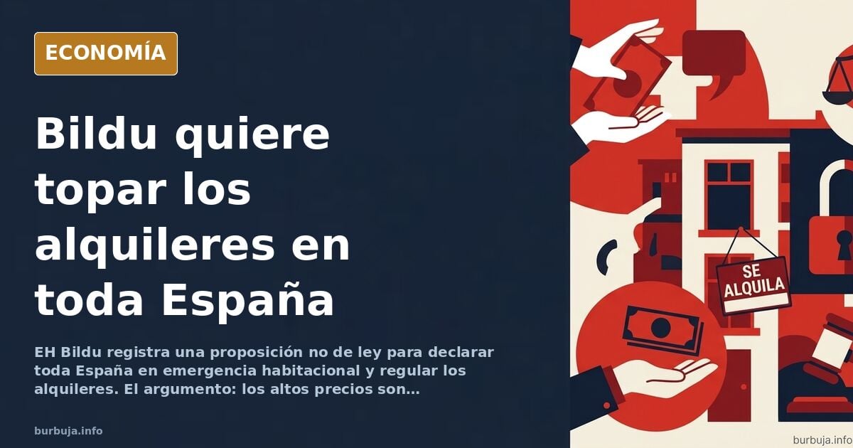 Ilustración editorial sobre la emergencia habitacional en España con edificios y gráficos de alquiler