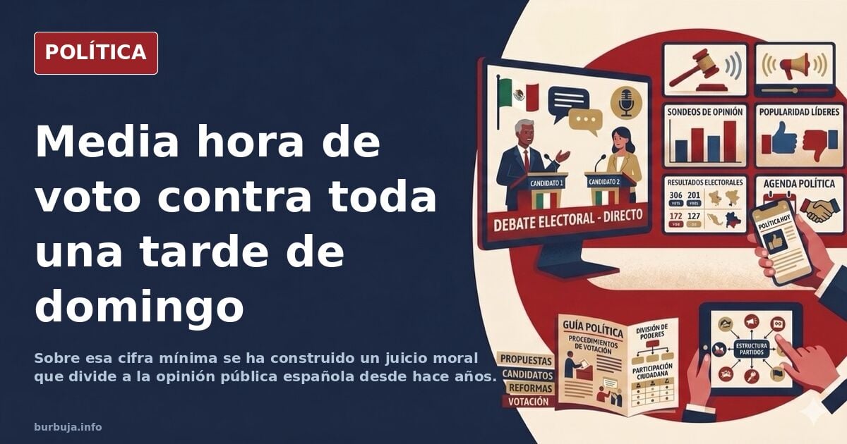 Ilustración editorial de una urna electoral y un reloj de pared marcando la media hora de un domingo