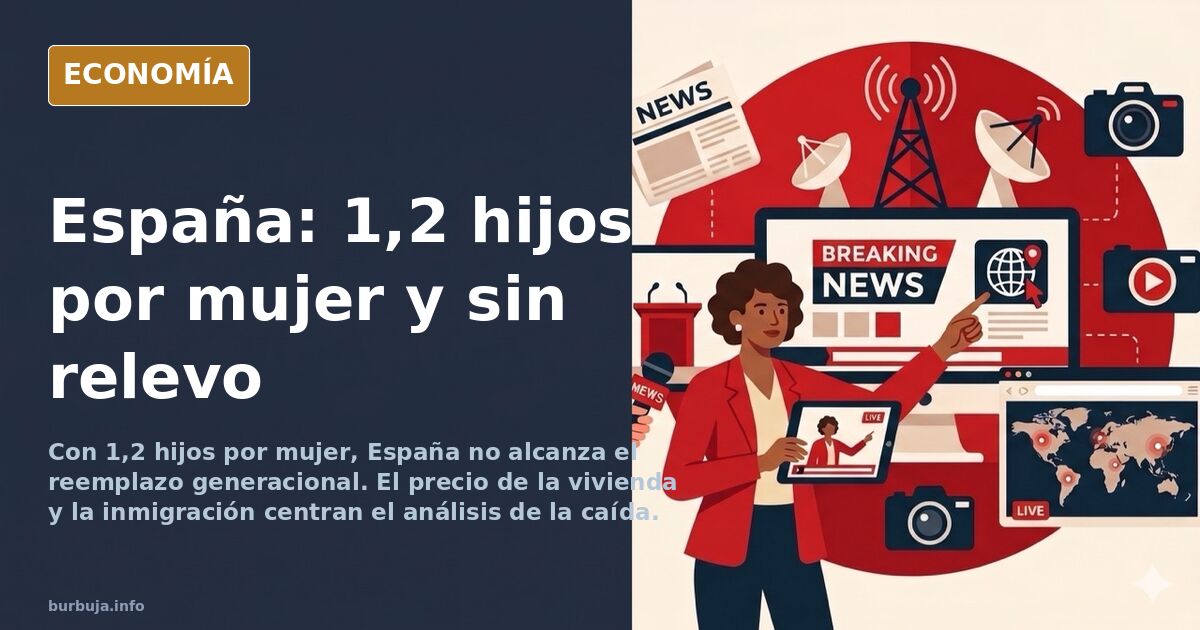 Gráfico de la natalidad en España en descenso, ilustrado en trazo dorado sobre un mapa en azul marino