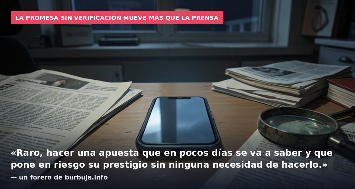 La promesa sin verificación mueve más que la prensa: «Raro, hacer una apuesta que en pocos días se va a saber y que pone en riesgo su prestigio sin ninguna necesidad de hacerlo.» — un forero de burbuja.info
