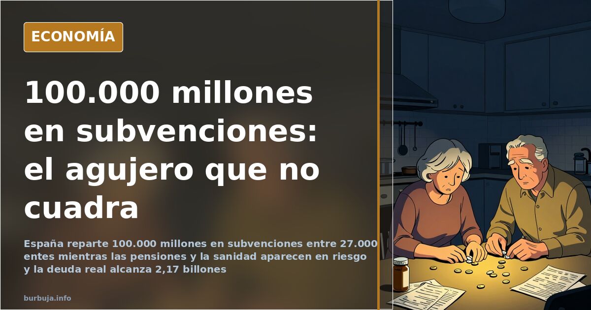 Ilustración editorial de un edificio institucional español con billetes saliendo por múltiples ventanas mientras una cola de 