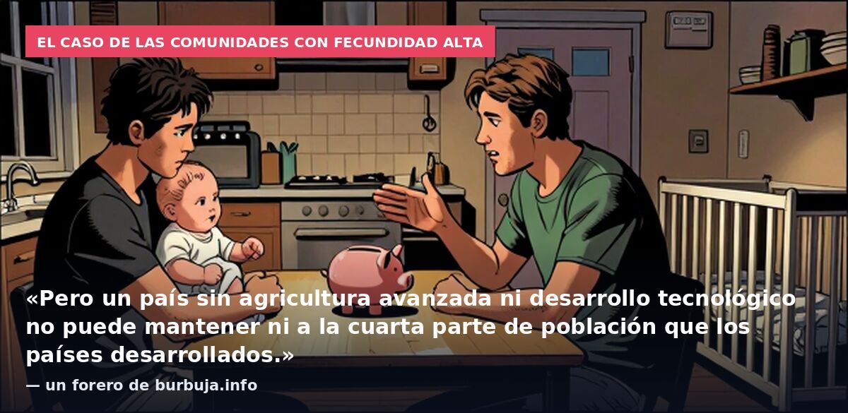 El caso de las comunidades con fecundidad alta: «Pero un país sin agricultura avanzada ni desarrollo tecnológico no puede mantener ni a la cuarta parte de población que los países desarrollados.» — un forero de burbuja.info