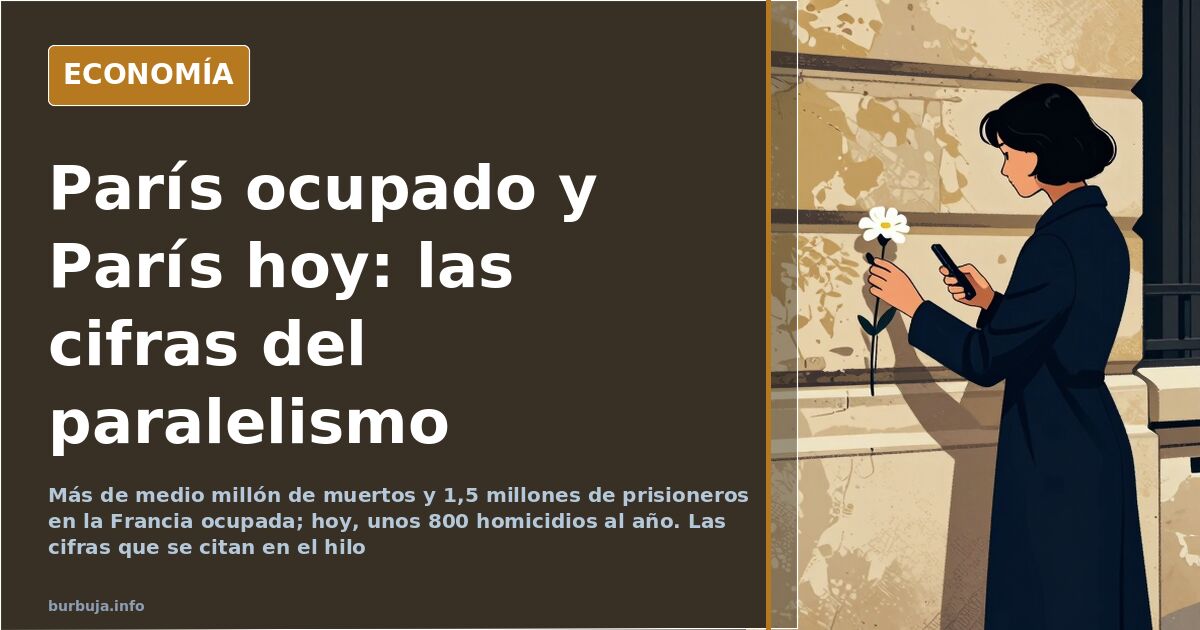 Ilustración editorial de París con una balanza que compara la ocupación alemana y la llegada de migrantes