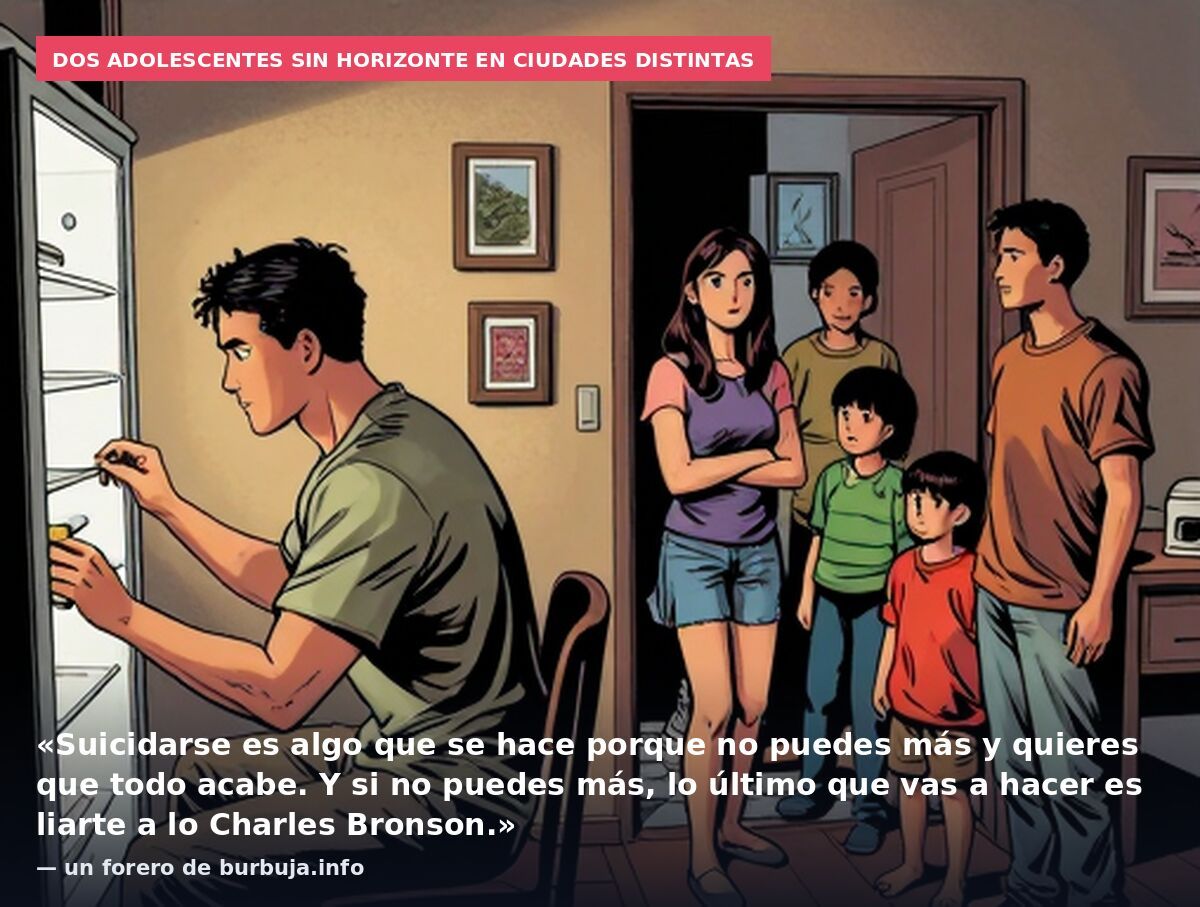 Dos adolescentes sin horizonte en ciudades distintas: «Suicidarse es algo que se hace porque no puedes más y quieres que todo acabe. Y si no puedes más, lo último que vas a hacer es liarte a lo Charles Bronson.» — un forero de burbuja.info
