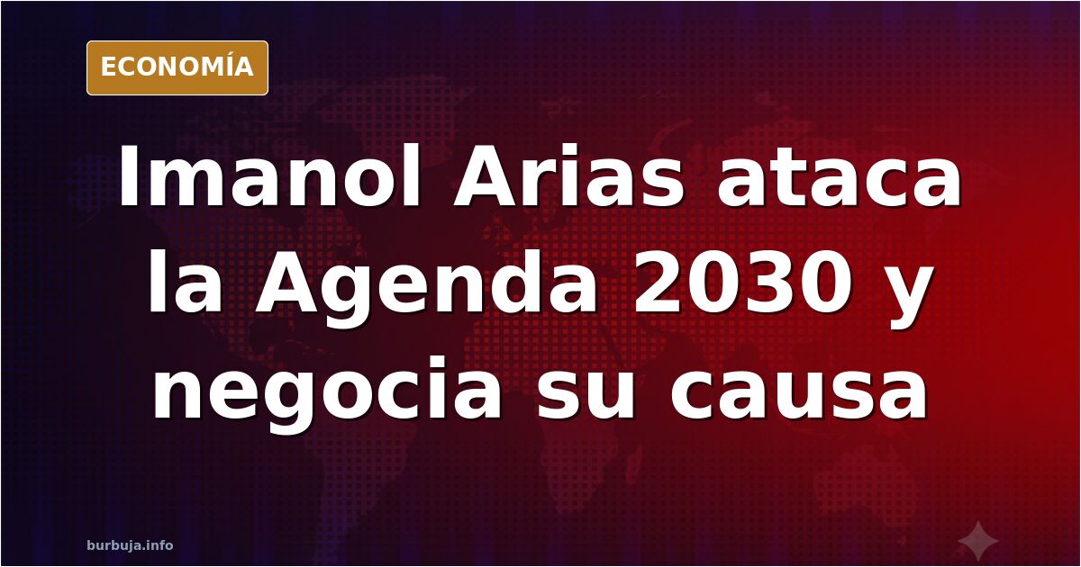 Ilustración editorial de un actor ante un atril con símbolos de la Agenda 2030 y papeles judiciales sobre Imanol Arias