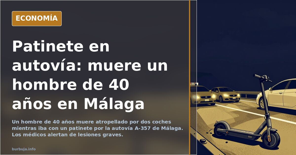 Ilustración de un patinete eléctrico abandonado en el arcén de una autovía al atardecer, con luces de coches al fondo