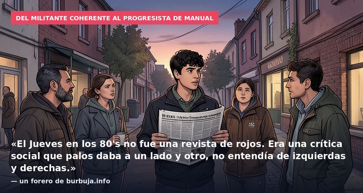 Del militante coherente al progresista de manual: «El Jueves en los 80's no fue una revista de rojos. Era una crítica social que palos daba a un lado y otro, no entendía de izquierdas y derechas.» — un forero de burbuja.info