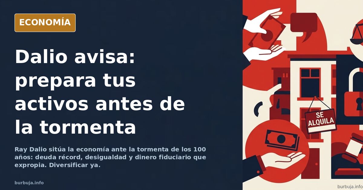 Ilustración editorial de una tormenta sobre un mapa y una balanza entre dinero fiduciario y activos físicos como el oro y la 