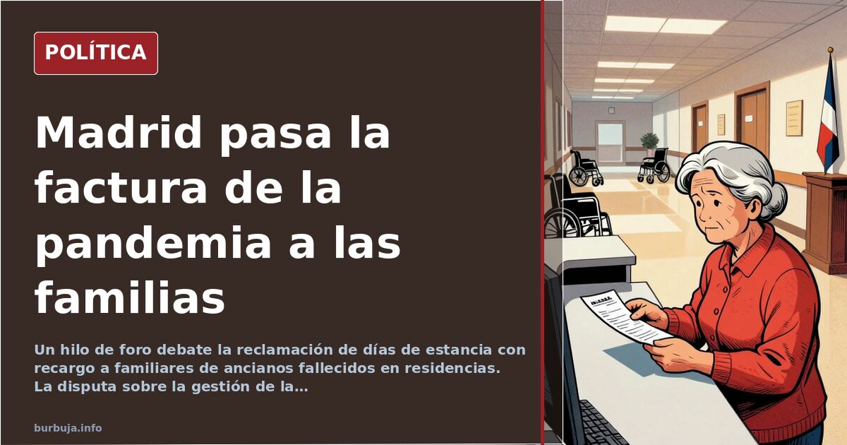 Ilustración editorial de un edificio de residencia de ancianos con una factura sobreimpresa y siluetas de mayores en la puert