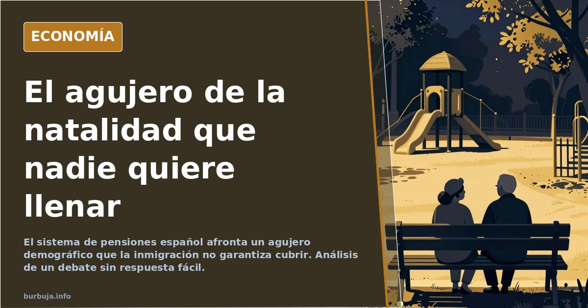 Ilustración editorial sobre el agujero demográfico y las pensiones en España, con gráficos y siluetas
