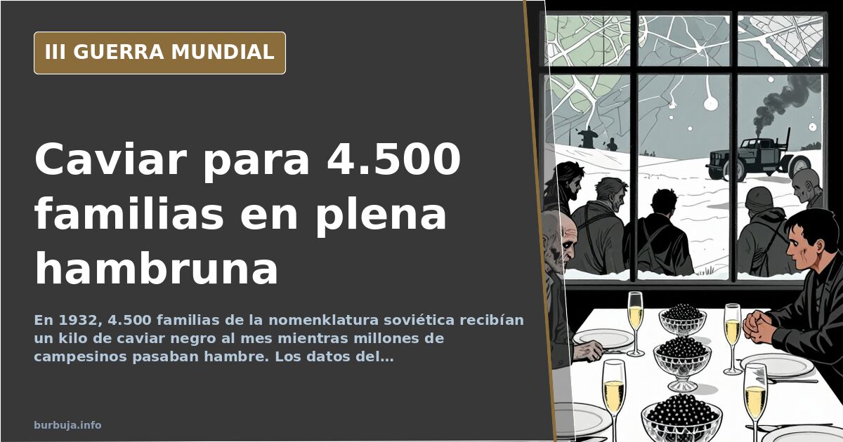 Ilustración documental desaturada de un edificio de apartamentos soviético junto a una cola de racionamiento y siluetas de ca