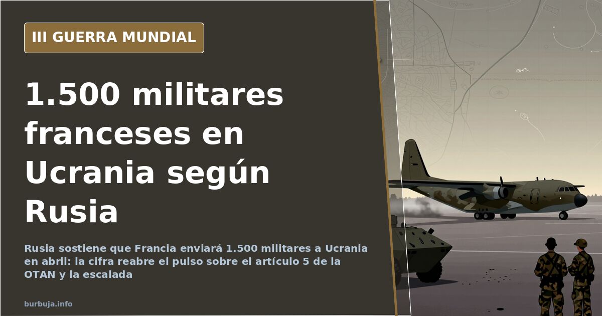 Mapa desaturado de Ucrania con siluetas de vehículos militares y humo lejano, a propósito del envío de tropas francesas