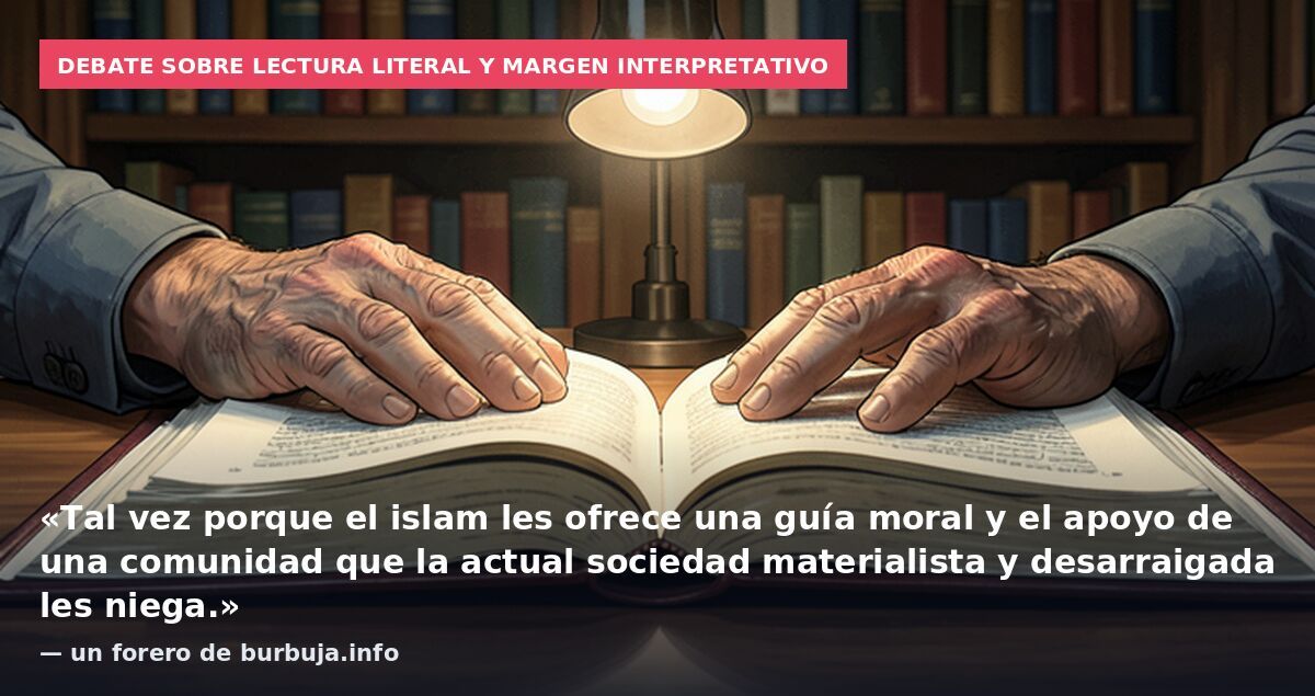 Debate sobre lectura literal y margen interpretativo: «Tal vez porque el islam les ofrece una guía moral y el apoyo de una comunidad que la actual sociedad materialista y desarraigada les niega.» — un forero de burbuja.info