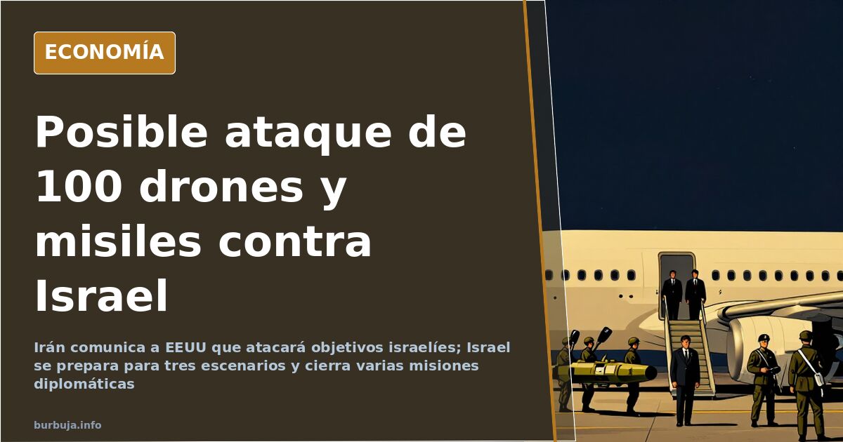 Ilustración nocturna en azul marino y oro con trayectorias de misiles y drones desde Irán hacia Israel sobre el Mediterráneo